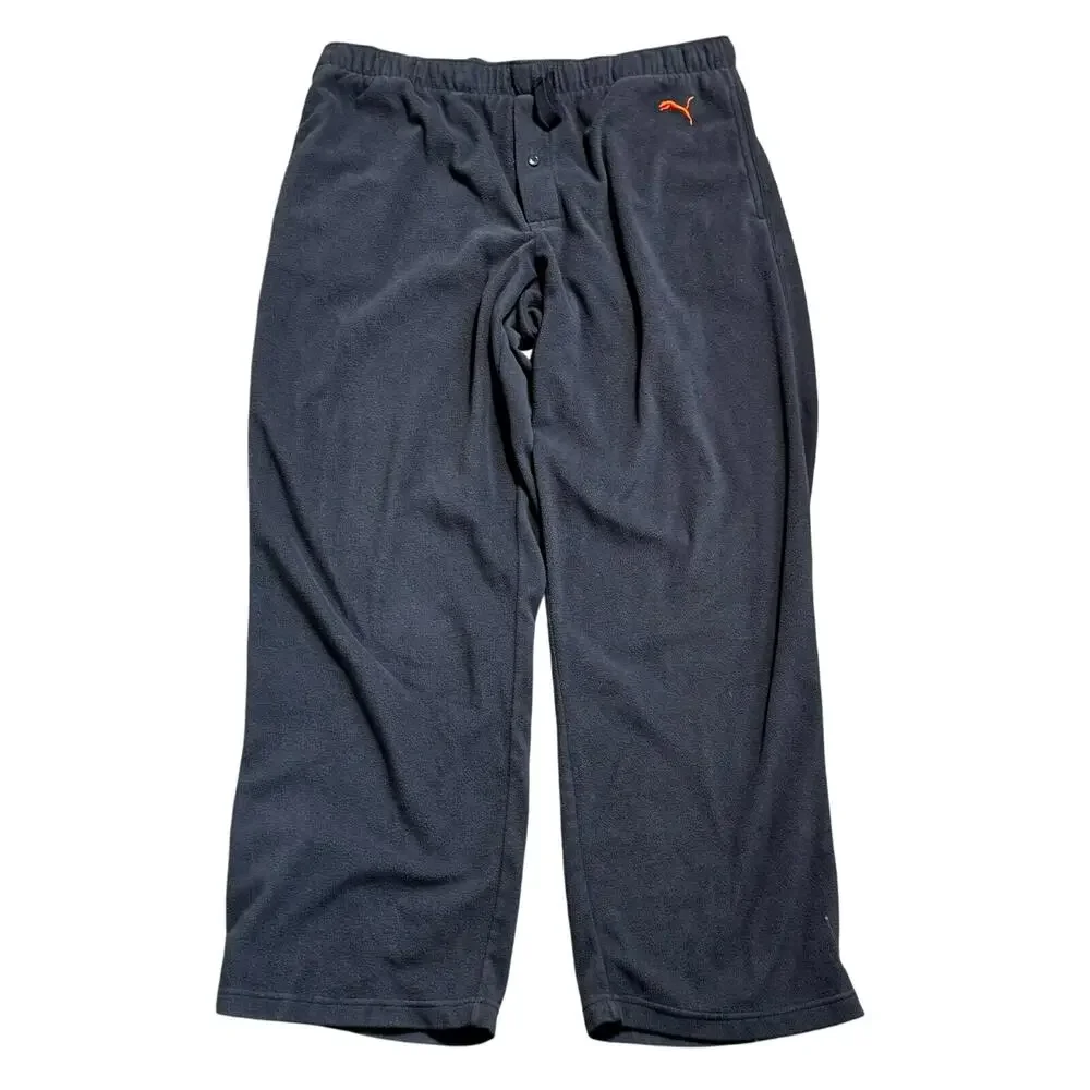 PUMA Men Large Gray Orange Fleece Sweatpants Embroidered Pull On Wide Leg Lounge